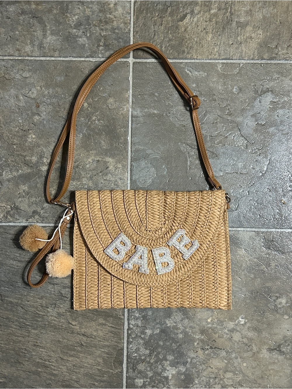 Straw Crossbody Bag with 'BABE' Appliqué - Tan